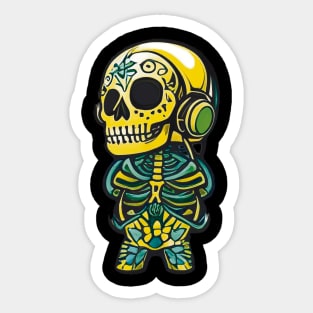 Melodic Bones: Sugar Skull Art - Skeleton Listening to Headphones Sticker